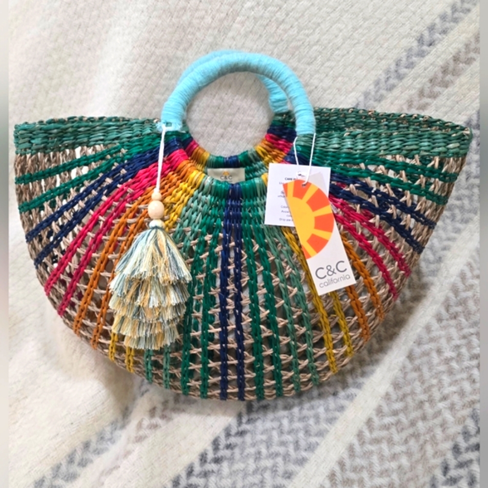 Rainbow Fan Rattan Beach Bag from Anthropologie by C&C California - Picture 4 of 12